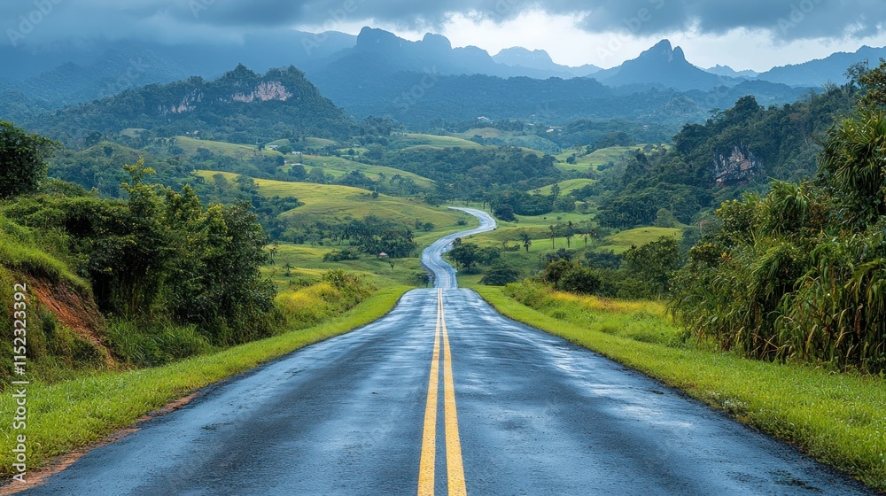 Naklejka premium Winding asphalt road through lush green valley and mountains under a dramatic sky.