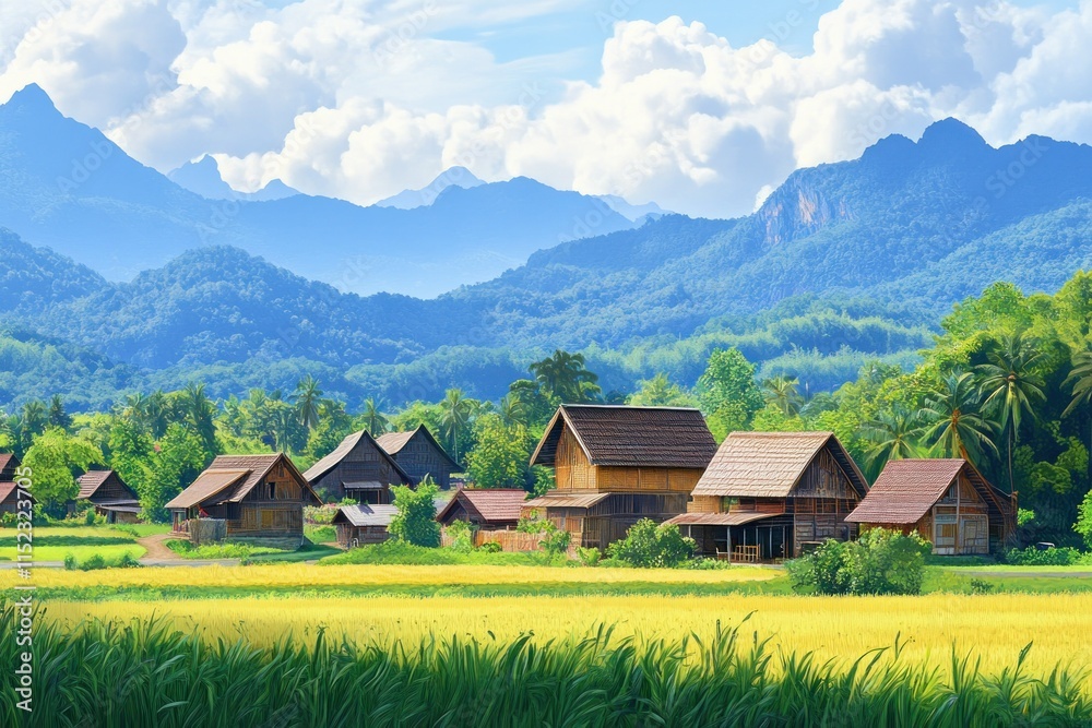 Serene Rural Landscape with Traditional Wooden Houses Surrounded by Lush Green Fields and Majestic Mountains Under a Bright Blue Sky Serene Rural Landscape with Traditional Wooden Houses Surrounded by Lush Green Fields and Majestic Mountains Under a Bright Blue Sky