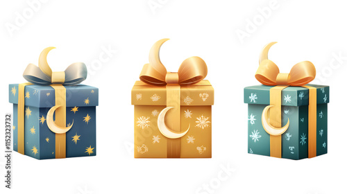 A set of beautifully wrapped Eid gift boxes with crescent moon motifs, isolated on transparent  photo