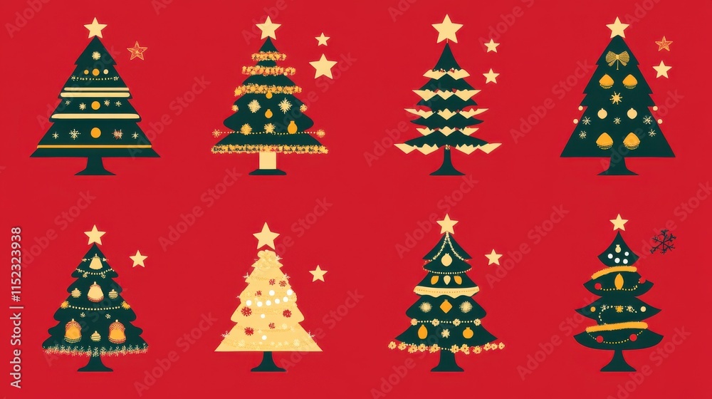 Colorful set of Christmas tree icons in flat design featuring festive decorations on a vibrant red background Colorful set of Christmas tree icons in flat design featuring festive decorations on a vibrant red background