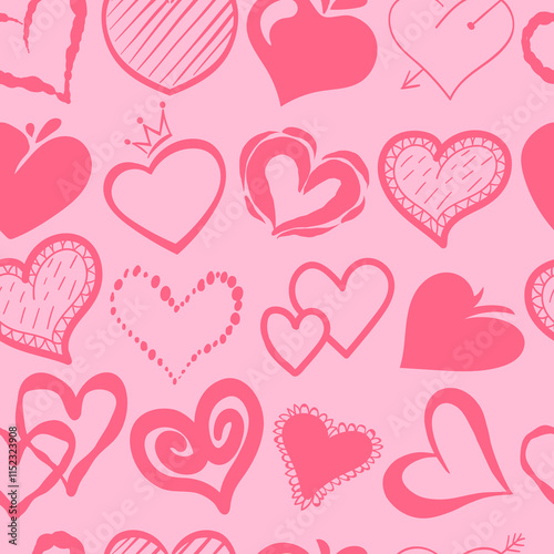 Doodle red hearts seamless pattern. Romantic abstract symbols. Love elements. Repeated print. Valentines hand drawn signs. Romance and passion. Graffiti graphic. Splendid vector background