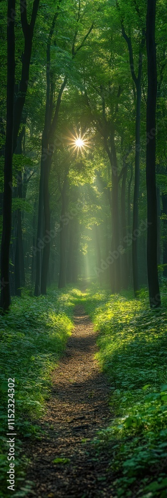 Obraz premium Sunlit path through a misty green forest.