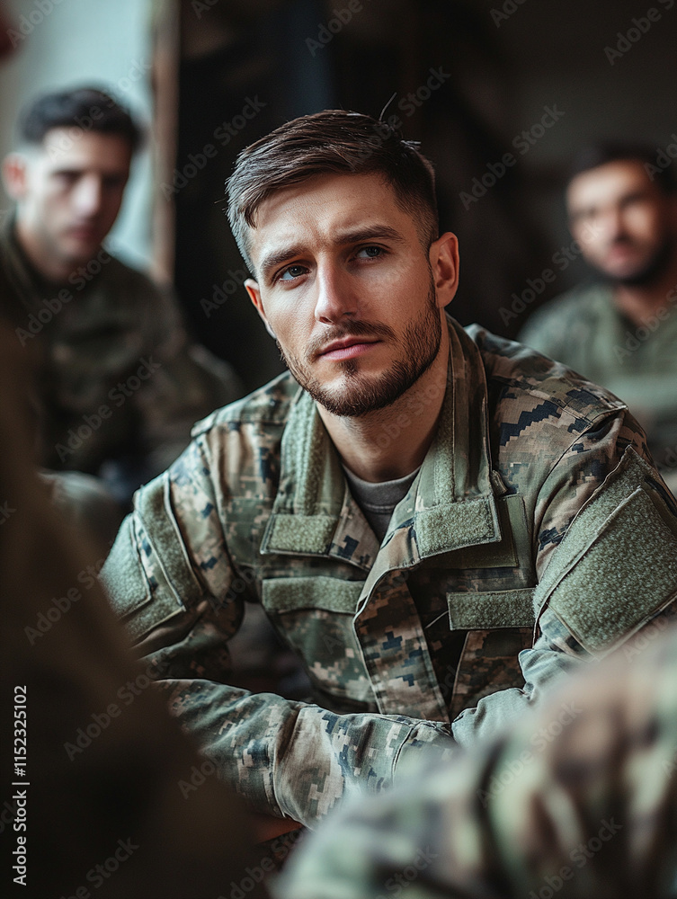 Fototapeta premium Soldier engaged in serious conversation with comrades