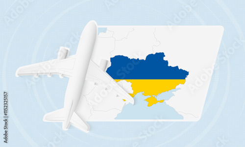 Ukraine Travel Illustration with Plane and National Flag. Airplane Flying Over Ukraine Map.