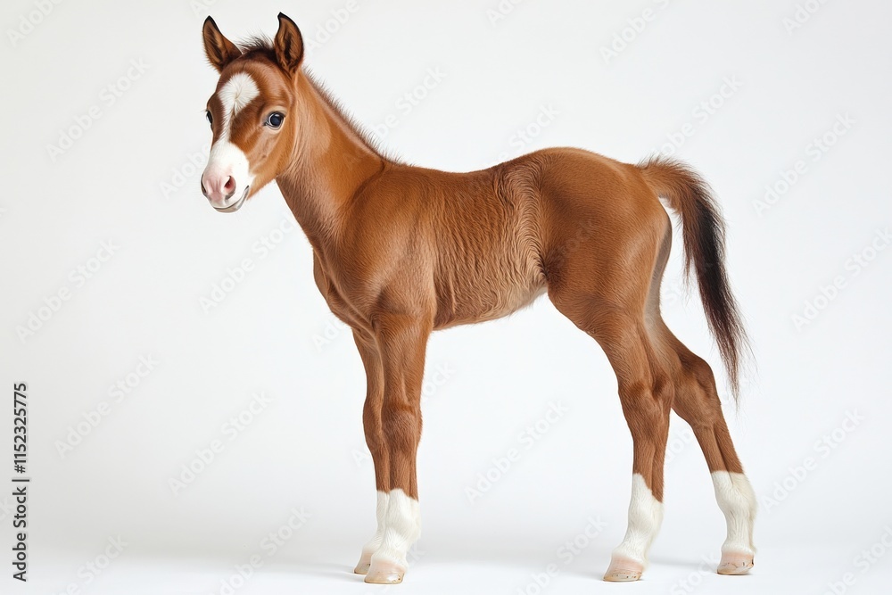 Obraz premium A young brown foal with white markings stands on a white background