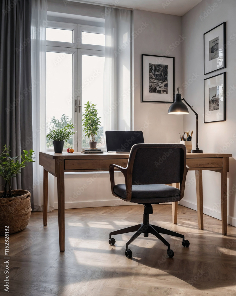Modern Home Office with Wooden Desk, Comfortable Chair, Plants, and Natural Lighting Modern Home Office with Wooden Desk, Comfortable Chair, Plants, and Natural Lighting