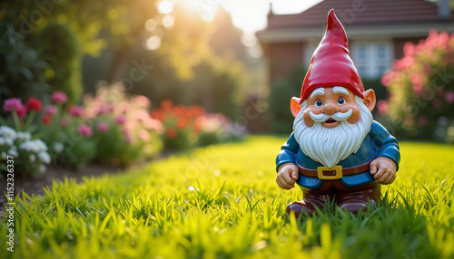Cheerful garden gnome on green grass at sunset.