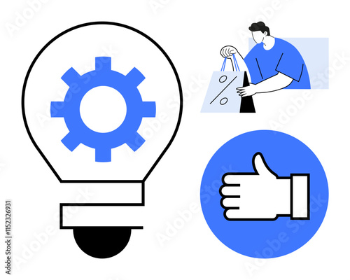 Lightbulb with gear symbol inside, person holding shopping bags with percentage sign, thumbs-up icon. Ideal for business, engineering, shopping, innovation, customer feedback, e-commerce marketing photo