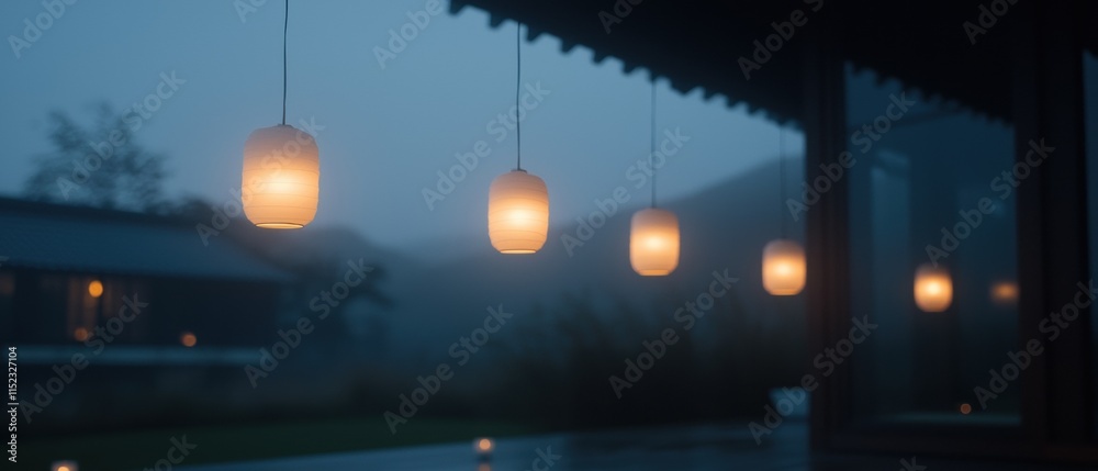 A group of lanterns hanging from a porch A group of lanterns hanging from a porch