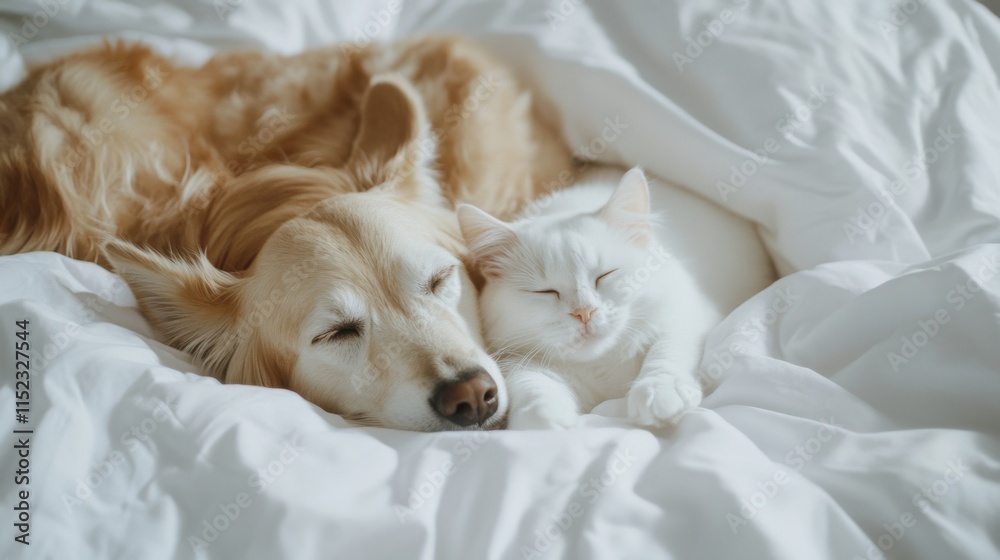 Obraz premium Cozy companions a dog and cat snuggling together in a warm bedroom pets domestic environment intimate perspective