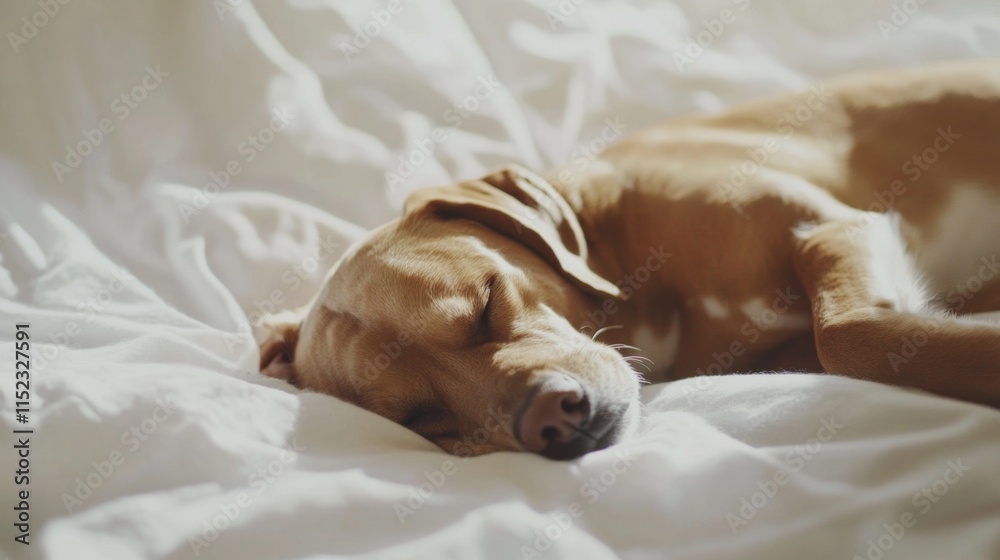 Obraz premium Sleeping dog on cozy bed indoor pet photography warm environment close-up view relaxation concept