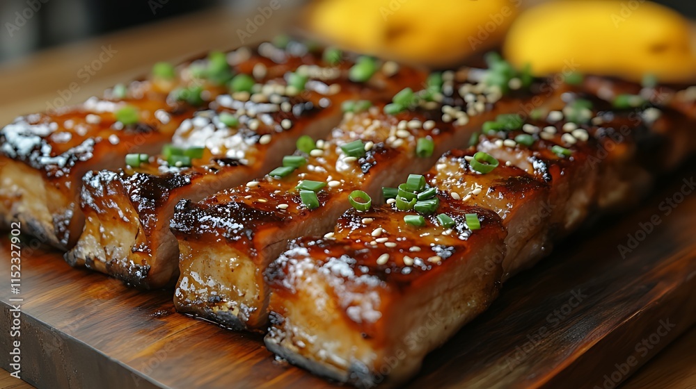 Close-up of grilled, glazed pork belly slices on a wooden board, garnished with sesame seeds and green onions. Close-up of grilled, glazed pork belly slices on a wooden board, garnished with sesame seeds and green onions.