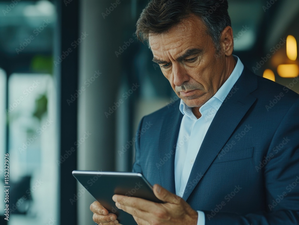 Professional Man Reviewing Tablet in Office Professional Man Reviewing Tablet in Office
