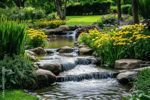 Serene Garden Landscape with Flowing Stream, Vibrant Yellow Flowers, and Lush Greenery in Peaceful Nature Setting