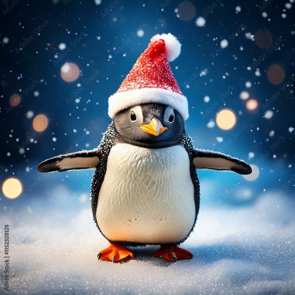 A Bubbly penguin with a Christmas hat on dancing in the snow A Bubbly penguin with a Christmas hat on dancing in the snow