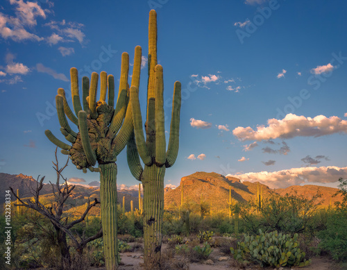 A captivating view of a desert landscape featuring a unique saguaro cactus during a vivid sunset. Beautiful hues light up the arid terrain, creating a serene and natural scene.