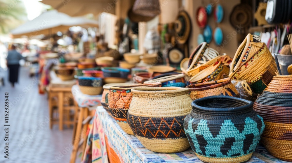 Handcrafted Baskets at Vibrant Market Stalls Handcrafted Baskets at Vibrant Market Stalls