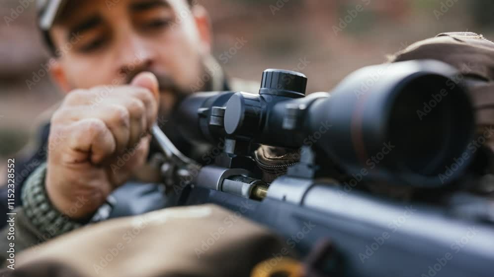 Hunter unloading bullet into rifle scope sequence Hunter unloading bullet into rifle scope sequence