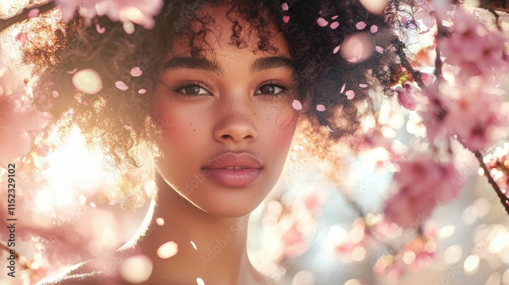 Dreamy Spring Portrait of Woman with Curls and Cherry Blossoms in Sunlit Garden Dreamy Spring Portrait of Woman with Curls and Cherry Blossoms in Sunlit Garden