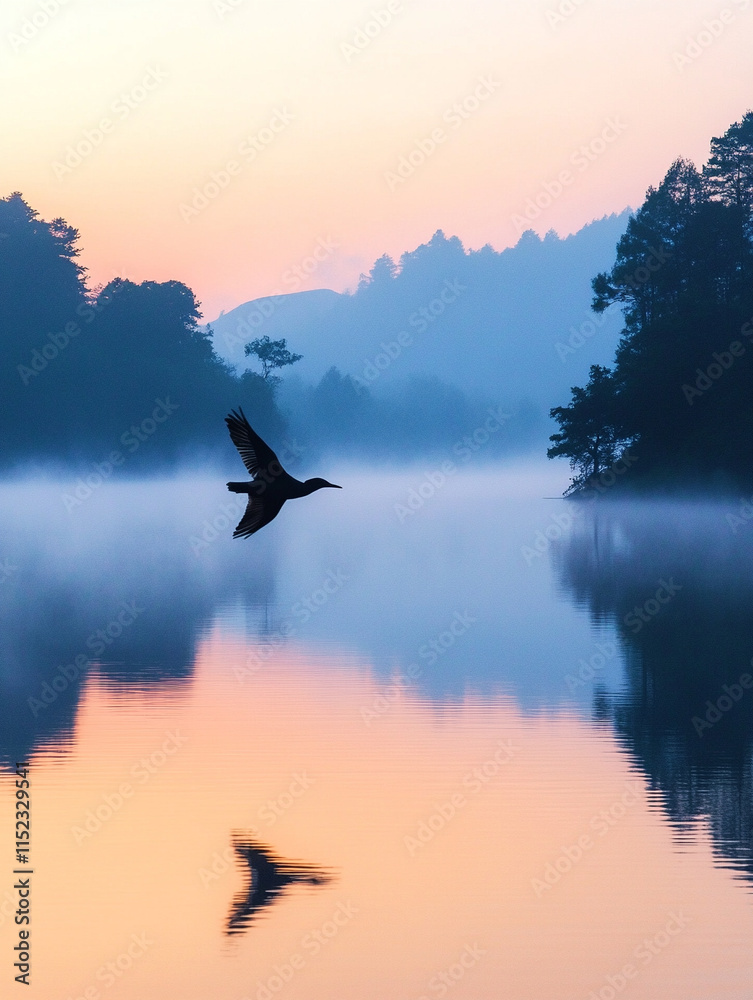 Obraz premium Bird flying over calm lake during sunrise in misty landscape