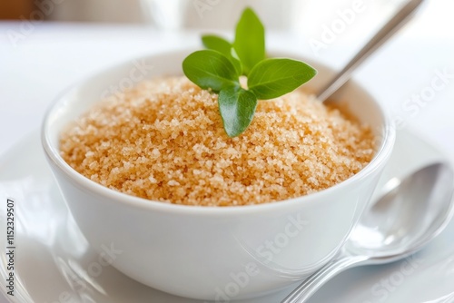 Bol lleno de couscous dulce con un toque de hierbas frescas y textura suave en un ambiente acogedor y luminoso photo