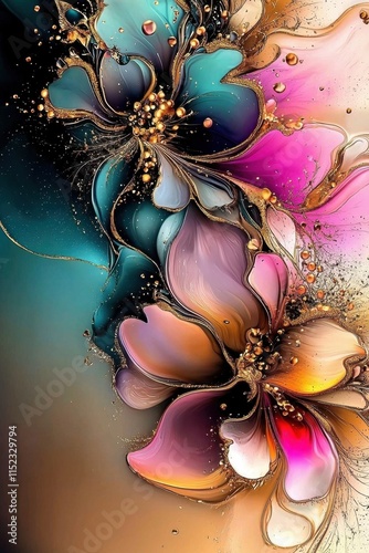 This artistic liquid texture features a harmonious fusion of floral inspirations and abstract creativity.
