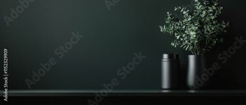 A black vase with a plant in it sits on a shelf