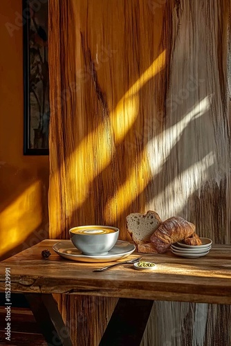 Delicioso shorbat ades en un bol sobre una mesa de madera iluminada por la luz del atardecer photo