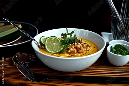 Vista cenital de un bol de shorbat adas con limón y cilantro, un plato delicioso y nutritivo photo