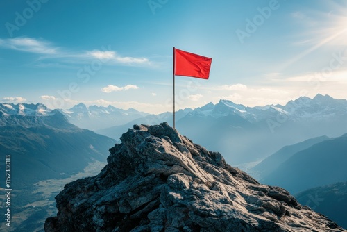 Red Flag at Summit of Rocky Peak Against Majestic Mountain Landscape and Clear Blue Sky, Symbolizing Adventure and Exploration in Nature's Splendor