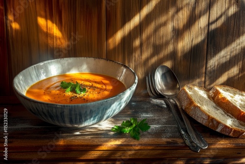 Deliciosa sopa shorbat ades servida en un bol de cerámica sobre una superficie de madera photo