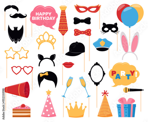 Cartoon photo booth props. Party decor for photography shooting. Masquerade masks. Holiday eyeglasses. Extravagant glasses. False mustaches and beards. Vector carnival accessories set