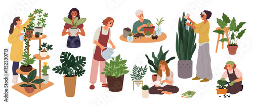 Cartoon people take care of indoor plants. Home gardening. Man watering houseplant in greenhouse. Woman transplanting ficus into flowerpot. Prune and spray flowers. Garish vector set