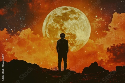 Man Silhouetted Against a Vibrant Orange Sky with a Large Full Moon and Starry Atmosphere, Symbolizing Solitude, Reflection, and Connection to Nature at Dusk
