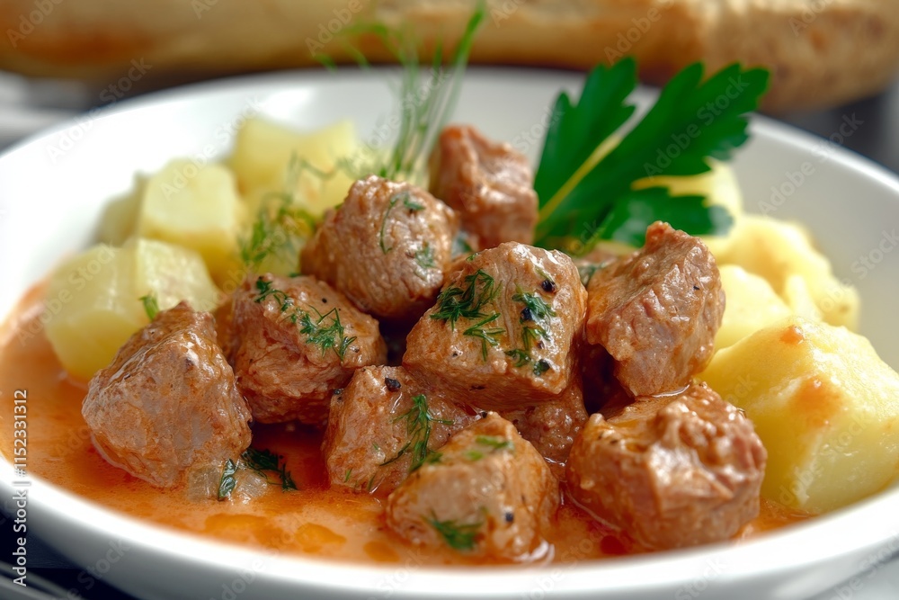 Vista cenital de un delicioso plato de carne guisada con papas y hierbas frescas en un entorno hogareño Vista cenital de un delicioso plato de carne guisada con papas y hierbas frescas en un entorno hogareño