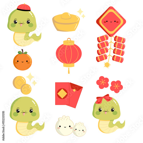 Set collection of lunar chinese new year elements kawaii cartoon cute flat design vector hand drawn year of snake