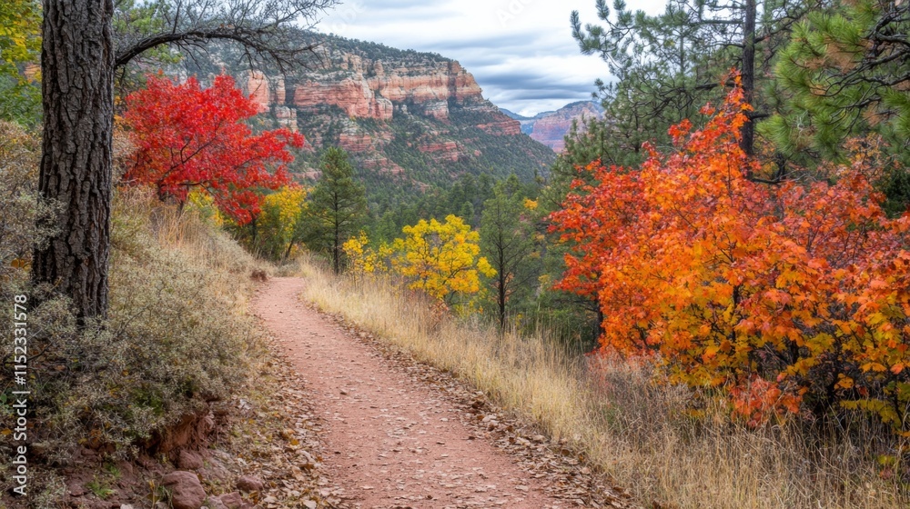 Naklejka premium Scenic Hiking Trail with Vibrant Fall Colors