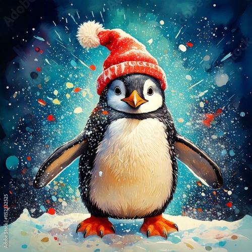 A Bubbly penguin with a Christmas hat on dancing in the snow