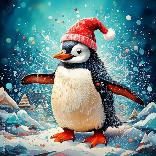A Bubbly penguin with a Christmas hat on dancing in the snow