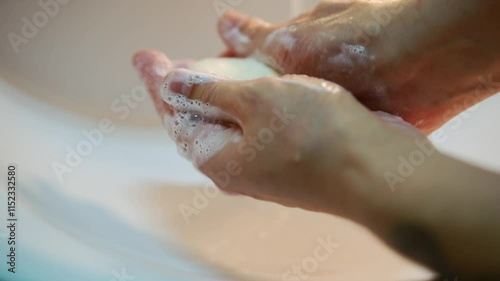 Wallpaper Mural The person has soapy hands.
A man washes his hands with soap.
Disinfectants and hand care.
Antibacterial soap in the hands of a guy.
A man looks after his health Torontodigital.ca