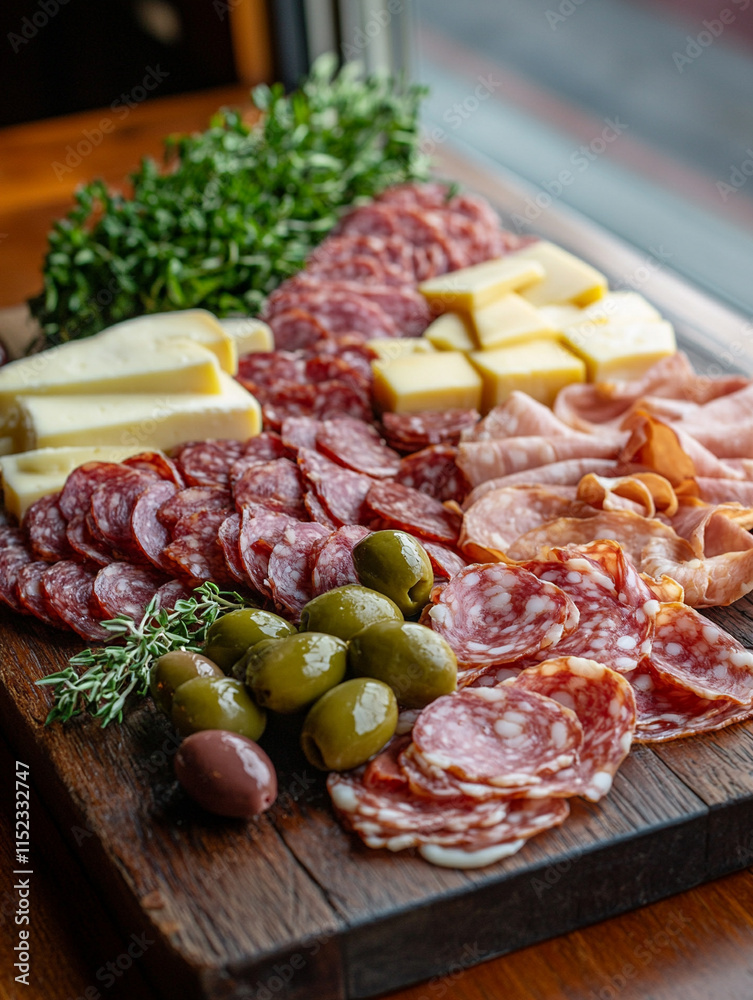 Assorted charcuterie platter with cheeses and greens Assorted charcuterie platter with cheeses and greens