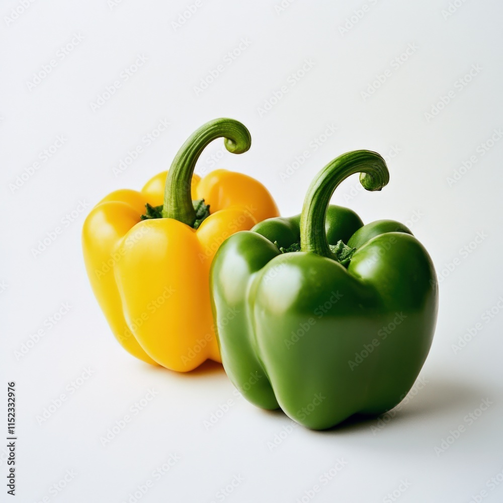 two bell peppers, one yellow and one green, on a white background two bell peppers, one yellow and one green, on a white background
