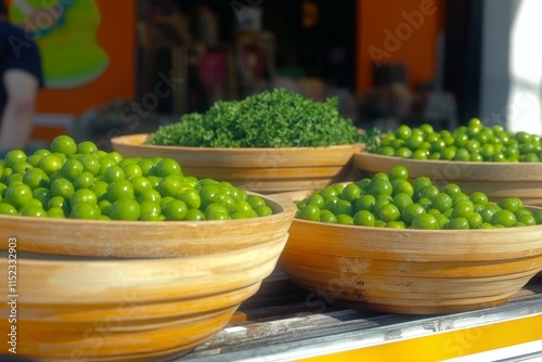 Vista cenital de un bol con lubia bil zeit y un bol con hierbas en un mercado colorido photo