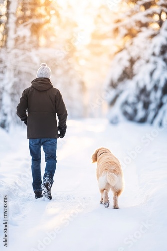 Owner walking with his dog, snow forest, winter walk, winter wonderland, walking with a pet in a forest, active pet