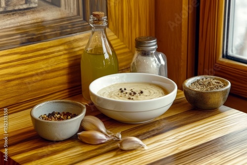 Lubia Bil Zeit caliente servido en un bol junto a ingredientes frescos y condimentos en una mesa de madera photo