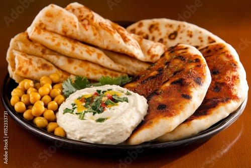 Deliciosa vista cenital de un plato de laham bil hummus con pan y garbanzos frescos photo