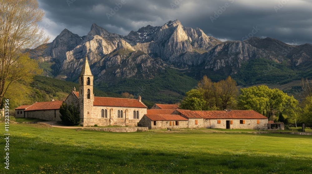 Serene Monastery with Mountain Landscape Backdrop Serene Monastery with Mountain Landscape Backdrop