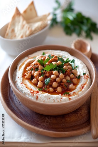 Delicioso plato de Laham Bil Hummus servido en un tazón de barro con pan y perejil fresco photo