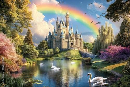 Enchanted Fairytale Castle Surrounded by Lush Trees, Colorful Flowers, a Sparkling Lake, and a Vibrant Rainbow in a Dreamy Fantasy Landscape