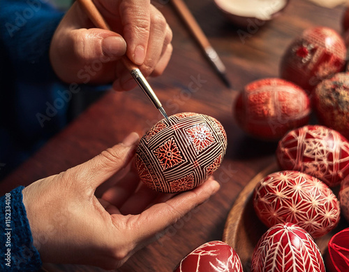 The process of making traditional Ukrainian pysanka with intricate designs, highlighting artistic dedication and cultural identity. photo